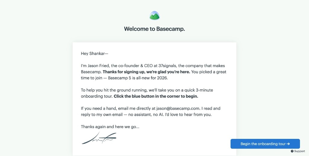 Welcome to Basecamp onboarding screen