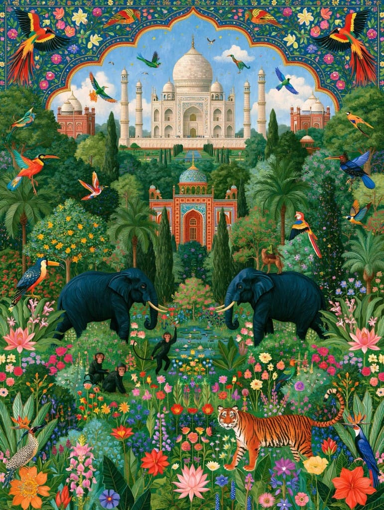 Painting of a Mughal garden with the Taj Mahal, elephants and tropical birds